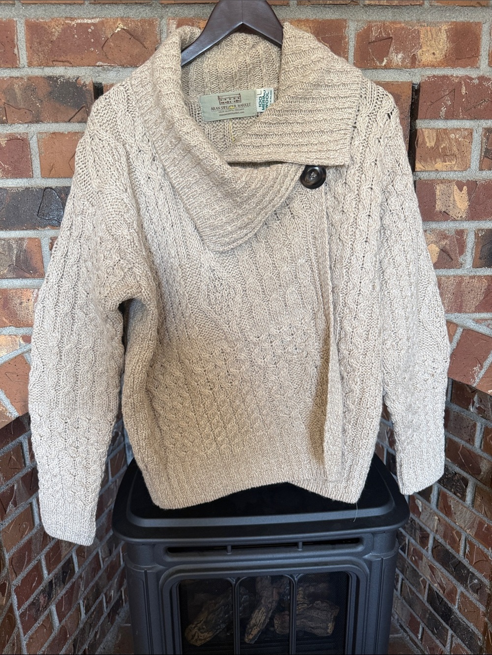 Aran Crafts Womens large merino Wool Wrap Button Shawl Cable Knit Cardigan
